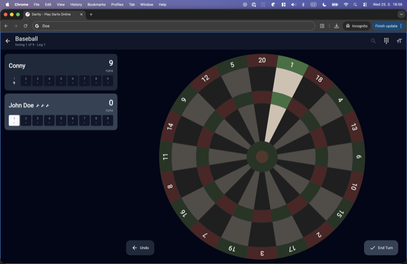 Baseball darts game showing innings and runs scored