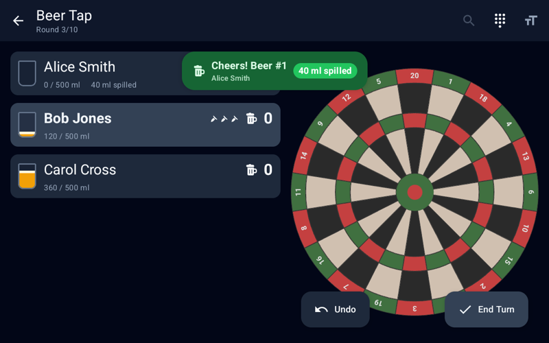Beer Tap darts game showing every player's beer glass with its fill level and the beers tapped