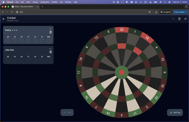 Cricket darts game with mark tracking for numbers 15-20 and Bull