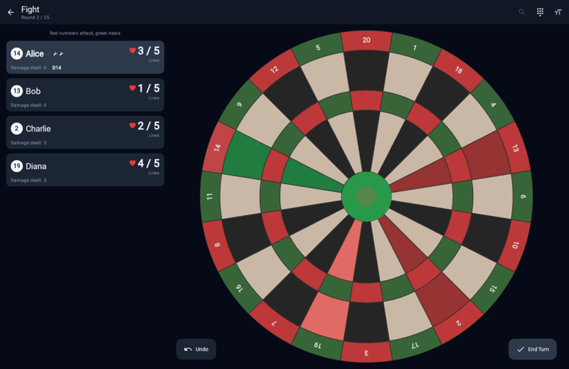 Fight darts game showing each player's number and lives, with the thrower's own number green and opponents' numbers red on the dartboard
