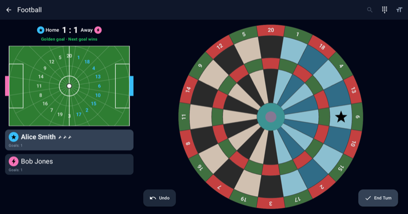 Football darts game showing the pitch with the ball and the Home and Away score