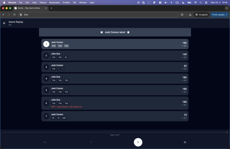 Game replay screen showing turn-by-turn results with winner highlighted