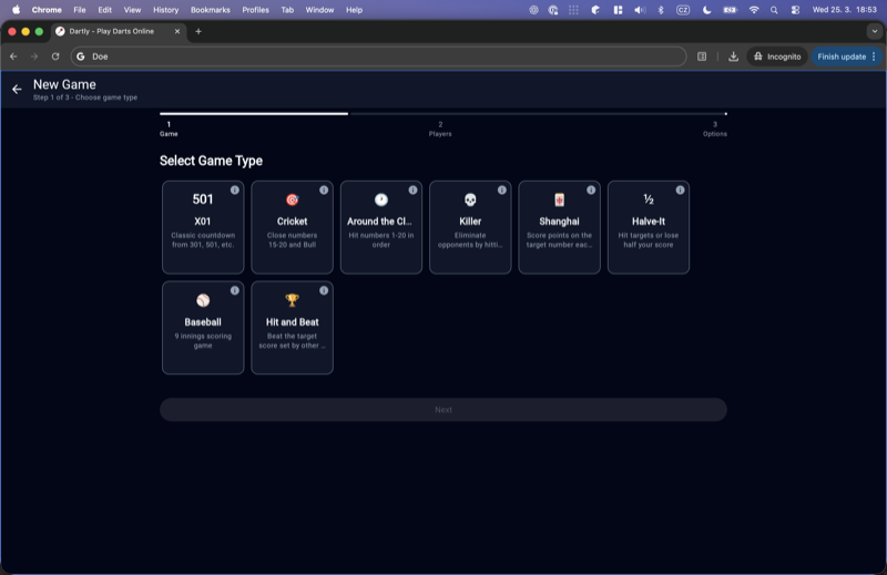 Game type selection showing 8 darts game modes: X01, Cricket, Around the Clock, Killer, Shanghai, Halve-It, Baseball, Hit and Beat