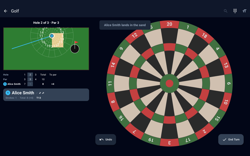 Golf darts game showing the hole with its walls, sand traps, and cup, the players' balls, and the scorecard