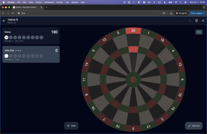 Halve-It darts game showing round targets and player scores