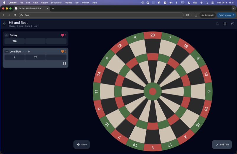 Hit and Beat darts game showing target score, player lives, and current throws