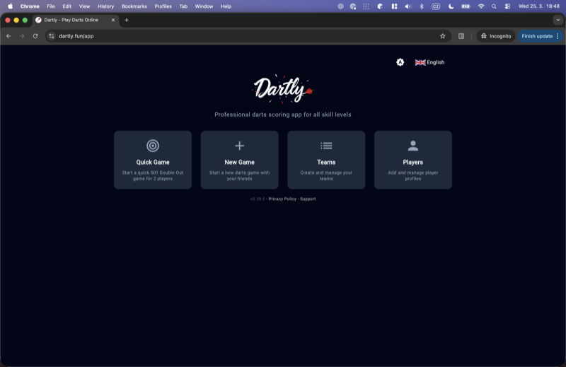 Dartly home screen with Quick Game, New Game, Teams, and Players options