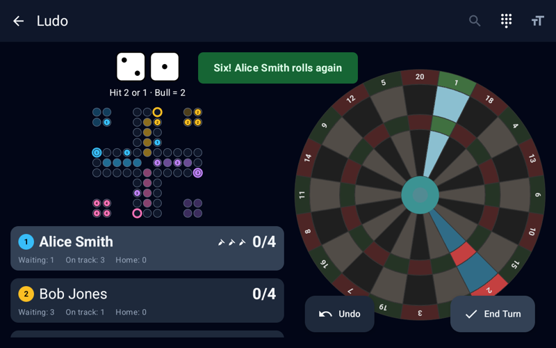 Ludo darts game showing the board with every player's pieces in their color and the two dice of the roll