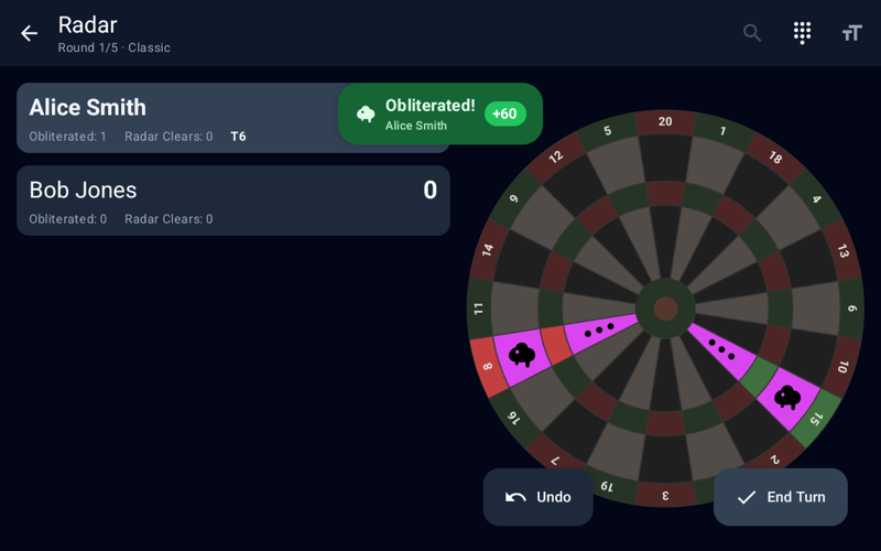 Radar darts game showing three blobs with their hit points on the dartboard and the score of every player