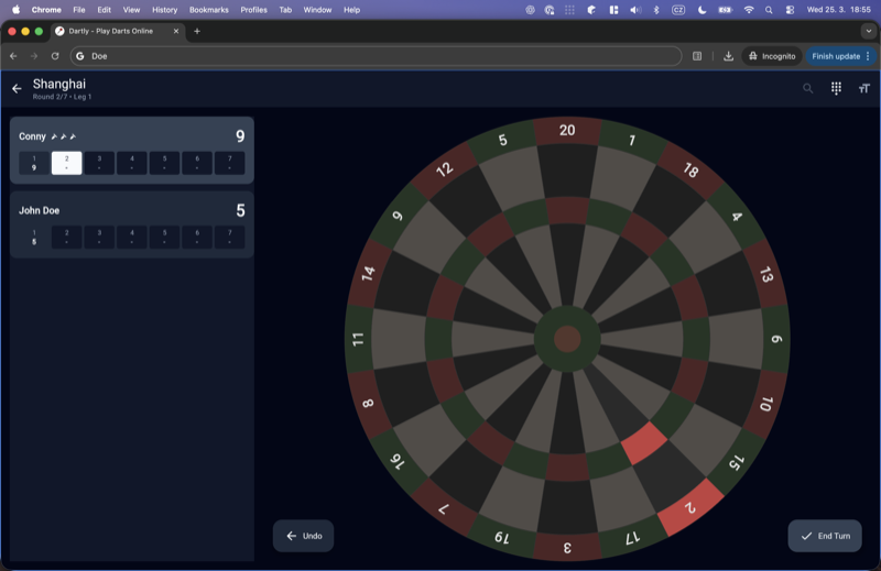 Shanghai darts game showing round scores and dartboard