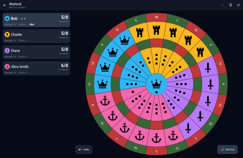 Warlord darts game showing every territory on the dartboard in its owner's color and emblem, with each player's territory count, strength, and leader points