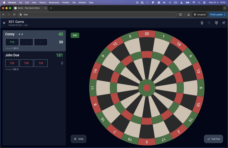 X01 game in progress showing checkout suggestion D20 for remaining score of 40